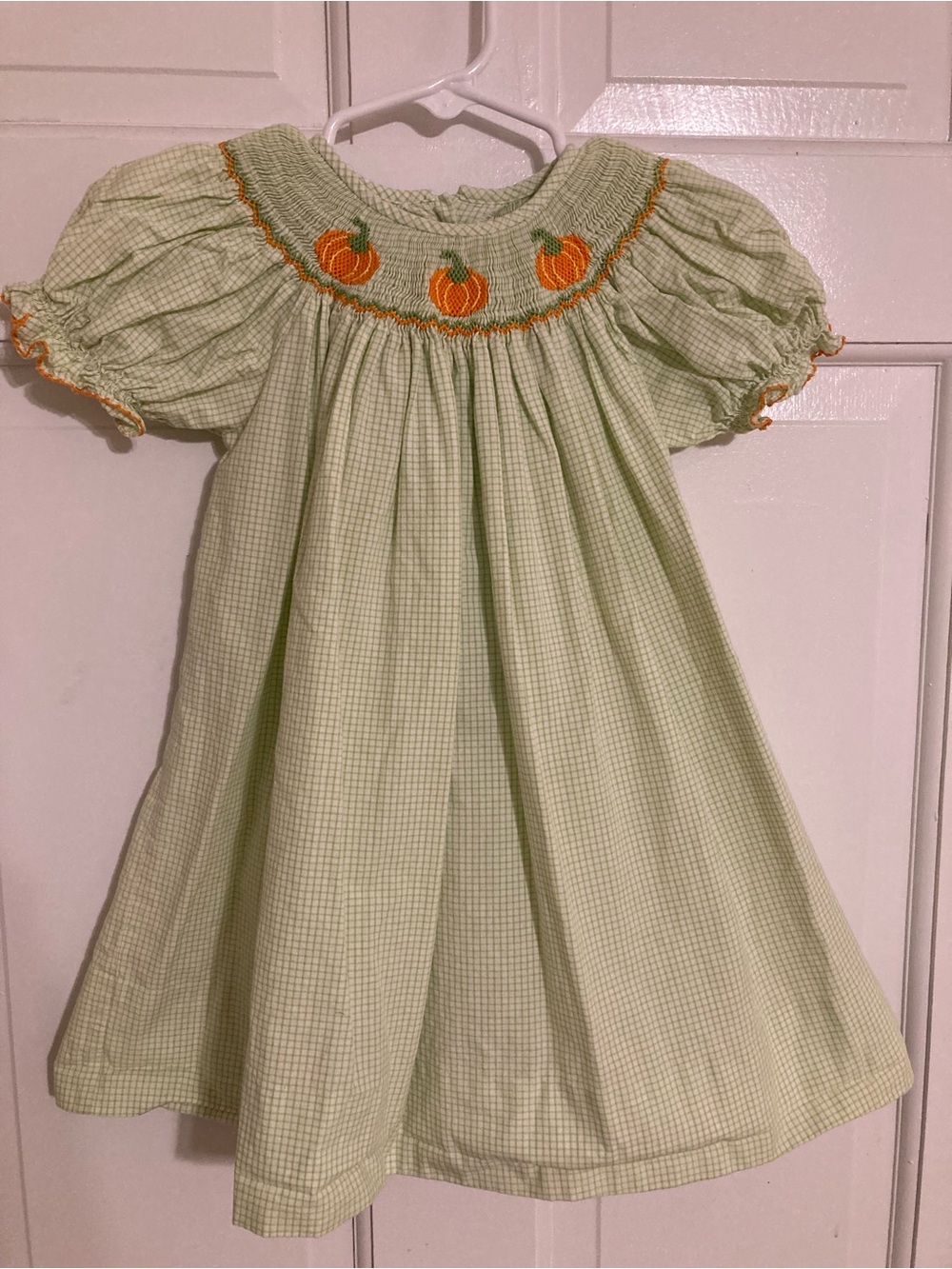 Petit Bebe Light Green Gingham Smocked Pumpkin Dress